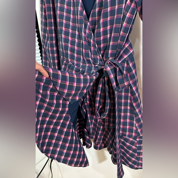 Tanya Taylor Lexi Wrap Dress in Pink Navy Plaid Long Sleeve 8 - Picture 12 of 16